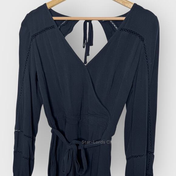 Abercrombie Fitch Wrap Long Sleeve Romper Small Black Minimalist Boho Resortwear - Picture 4 of 7